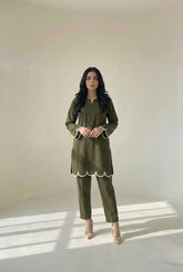 Olive Cambric Lawn Embellished Set