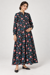 Janya black coral floral linen maternity dress, front view