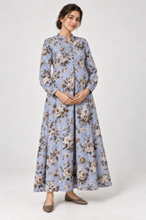 Janya powder blue vintage rose linen maternity dress, front view