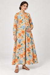Janya orange blue watercolour floral linen maternity dress, front view