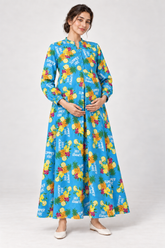 Janya turquoise summer tropical linen maternity dress, front view