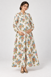 Janya ivory colourful bouquet linen maternity dress, front view