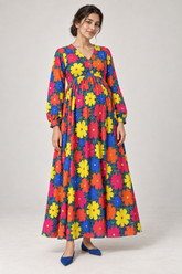 Janya bright multicolour floral linen maternity dress, front view