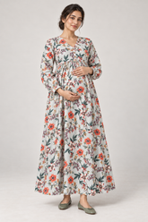 Janya pale blue coral floral linen maternity dress, front view