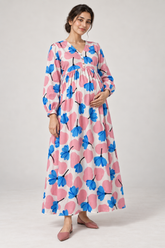 Janya pink blue abstract floral linen maternity dress, front view
