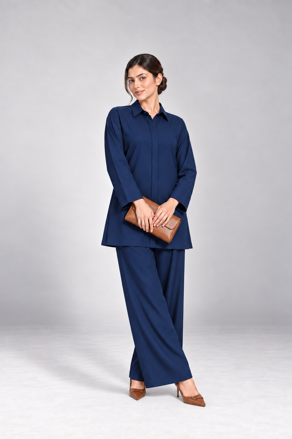 Classic Collar Dhanak Set - Navy