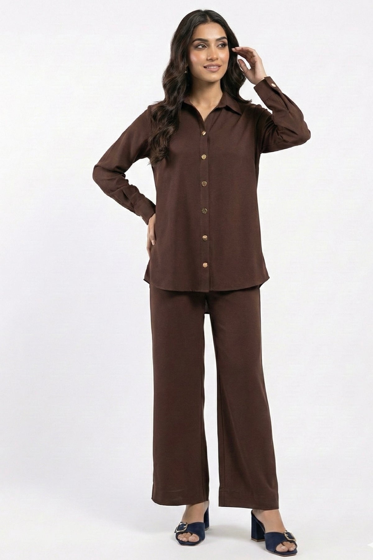 Chocolate Button Down Georgette Set