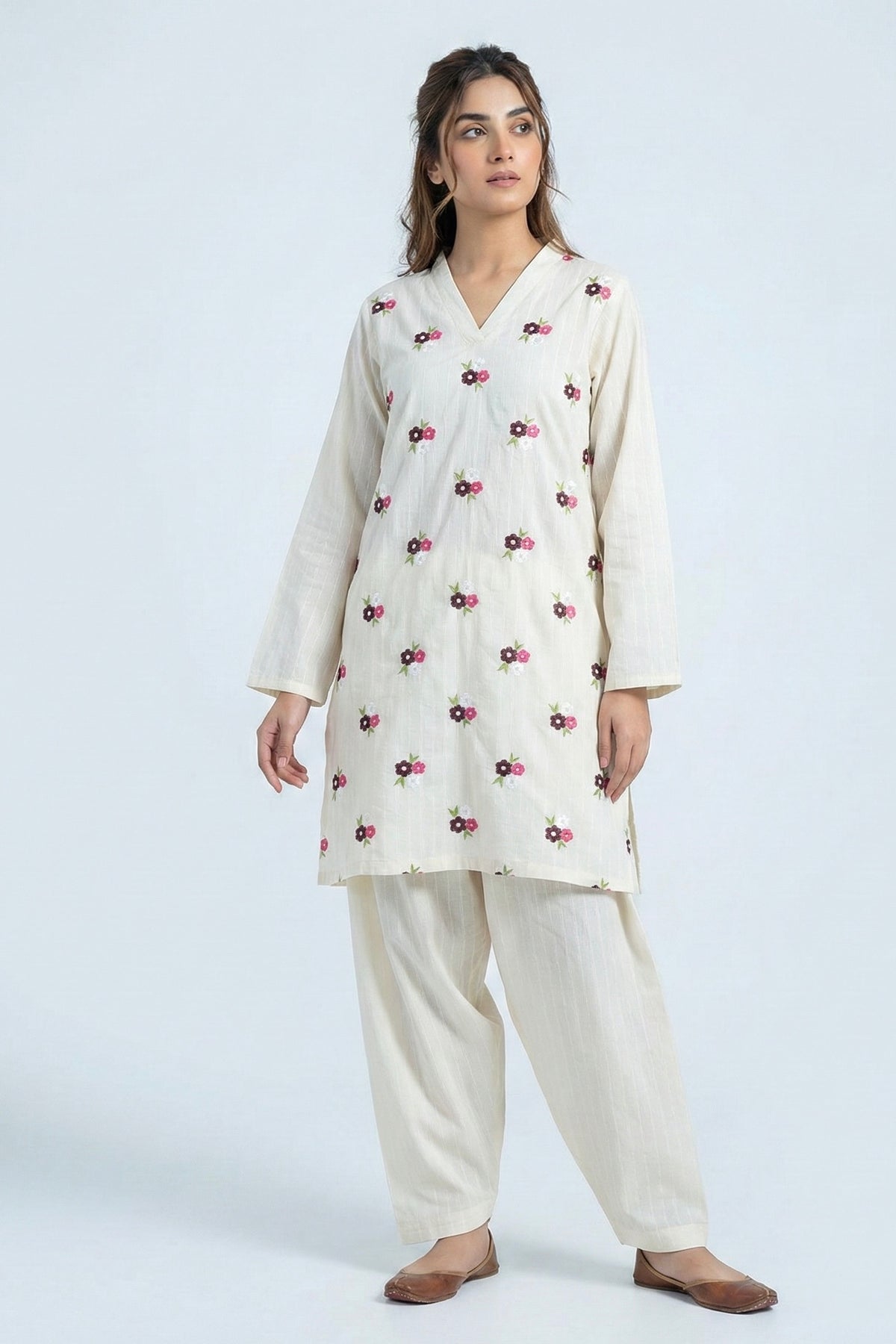 Winter Cotton Embroidered Set Ivory