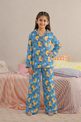 Blue Blossom Linen Night Suit