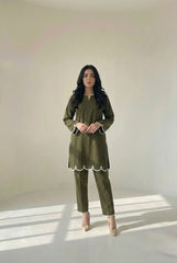 Olive Cambric Lawn Embellished Set