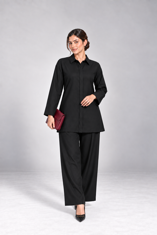 Classic Collar Dhanak Set - Black