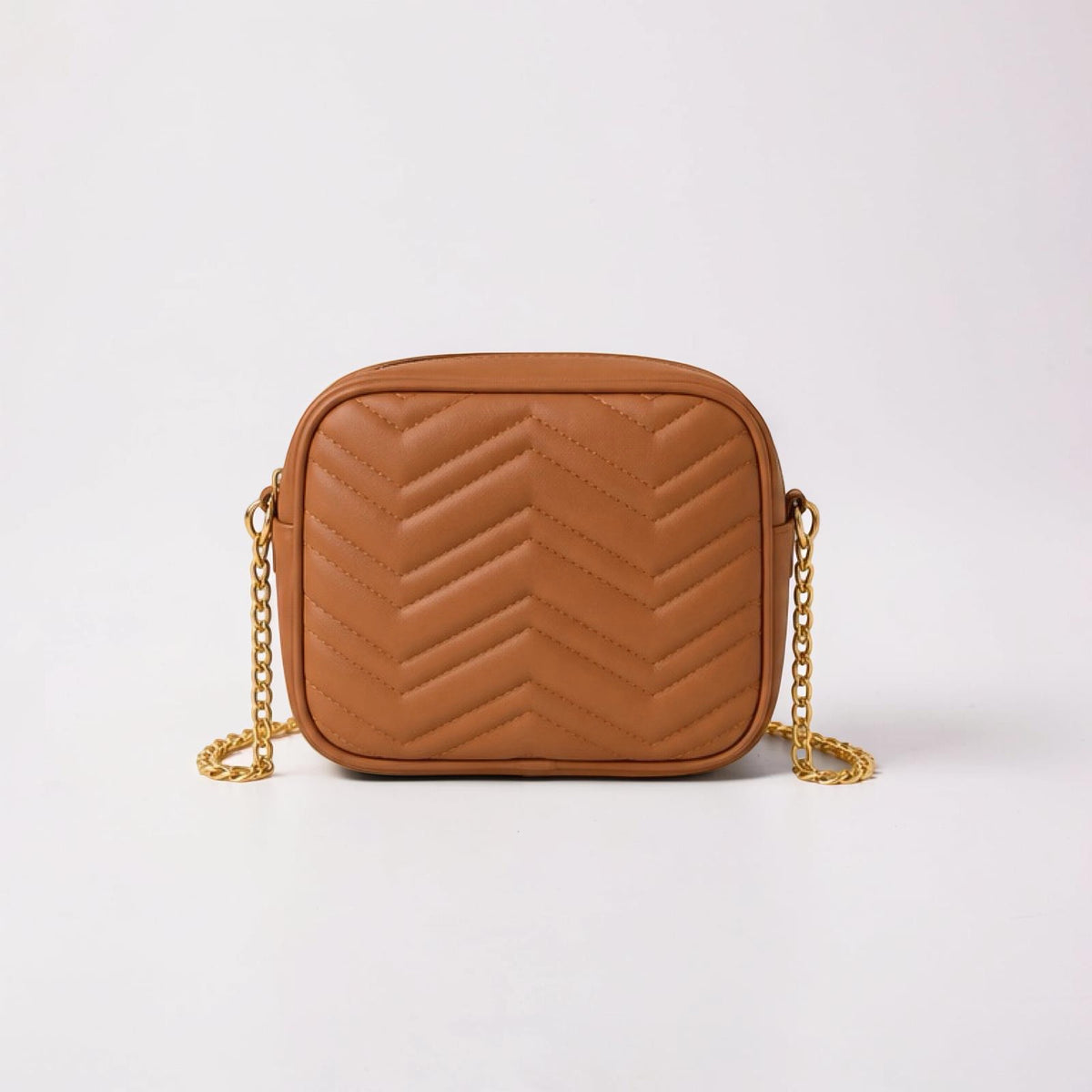 Tan Quilted Chain Crossbody Bag