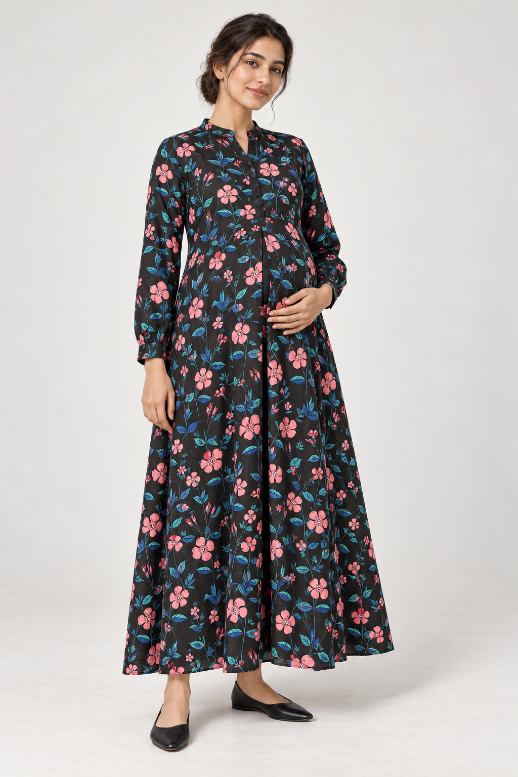 Janya black coral floral linen maternity dress, front view