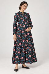 Janya black coral floral linen maternity dress, front view