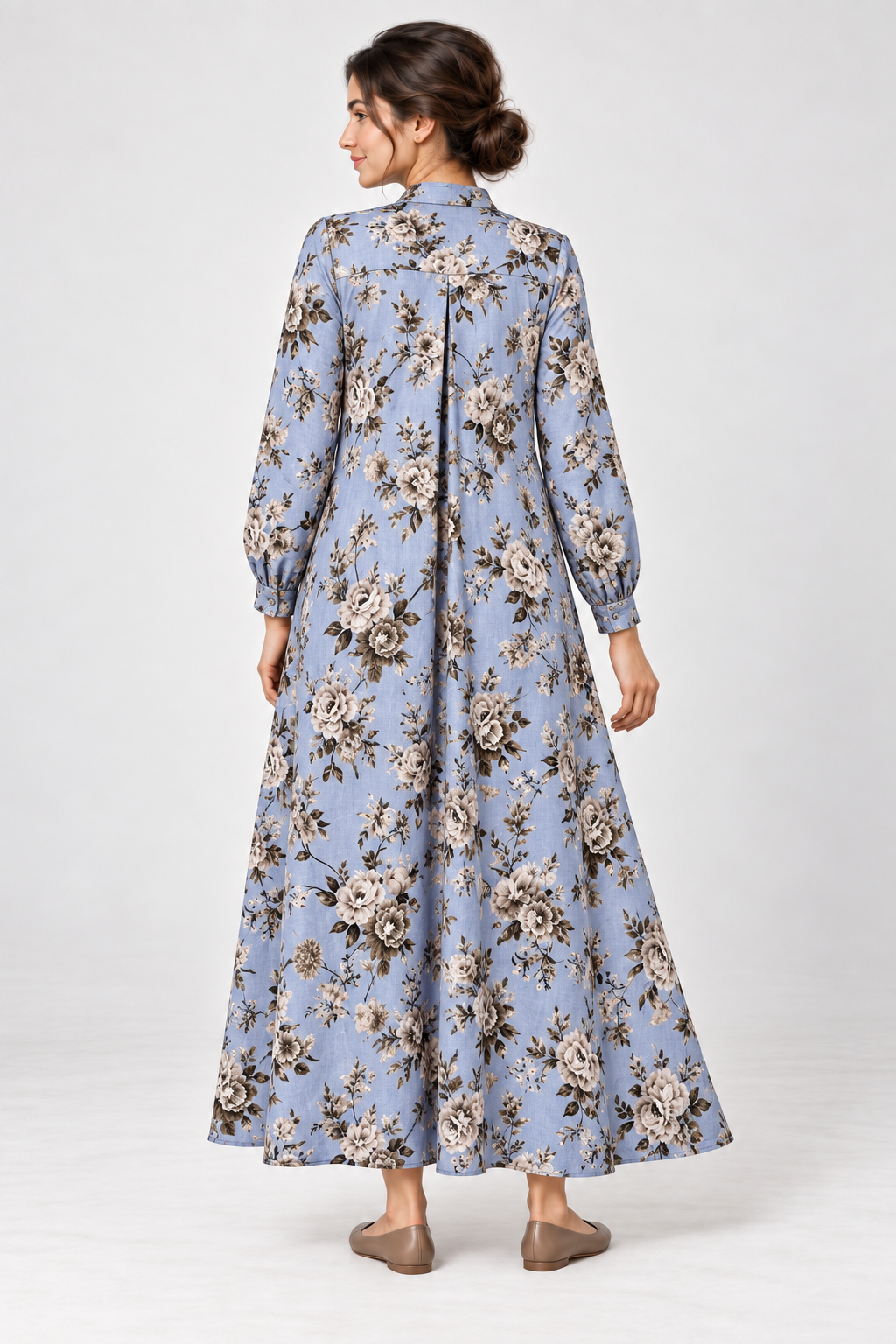 Janya powder blue vintage rose linen maternity dress, back view