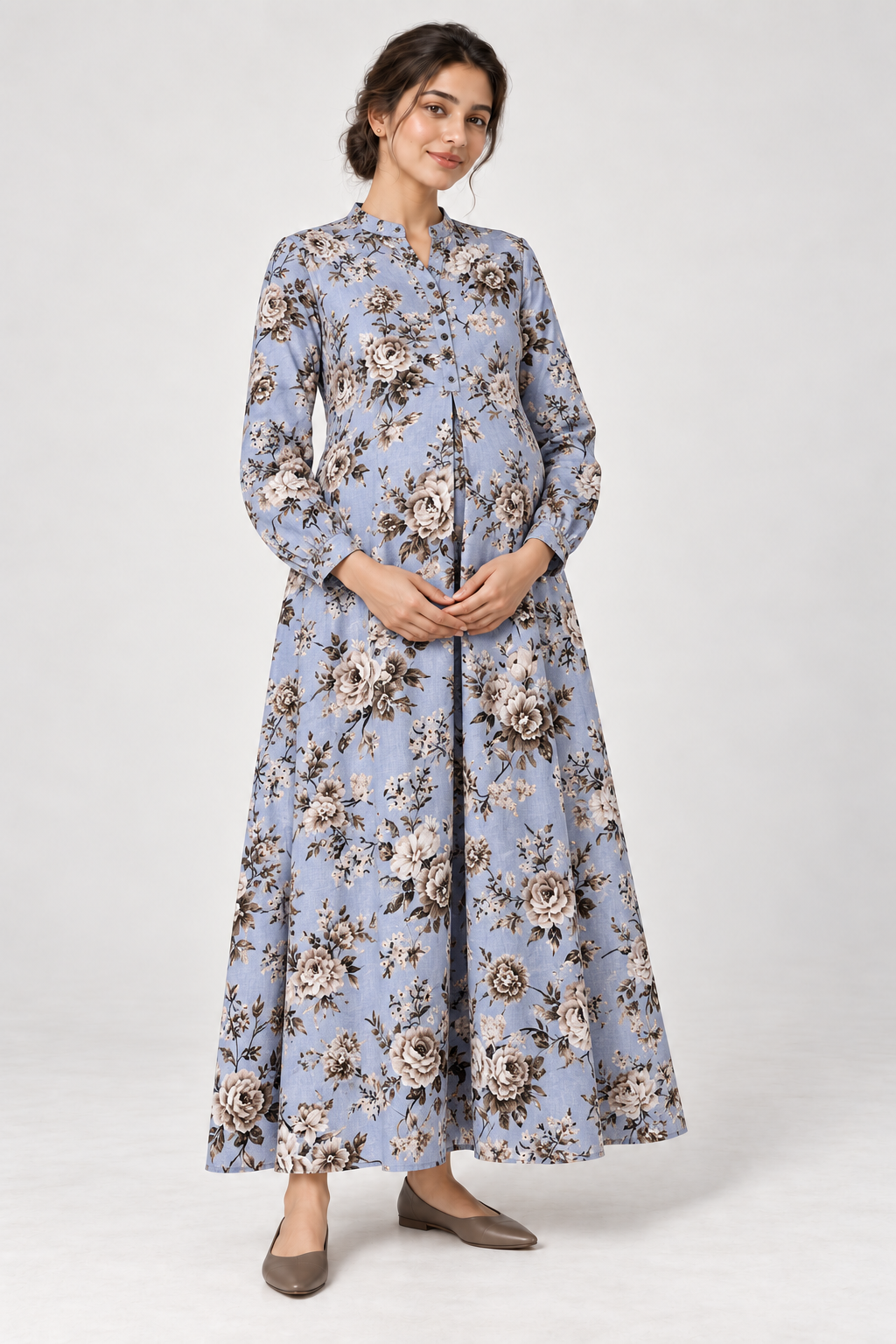 Janya powder blue vintage rose linen maternity dress, front view