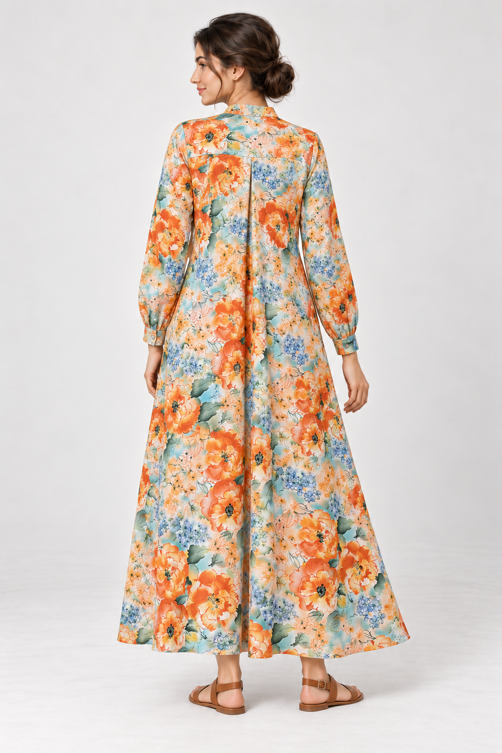 Janya orange blue watercolour floral linen maternity dress, back view