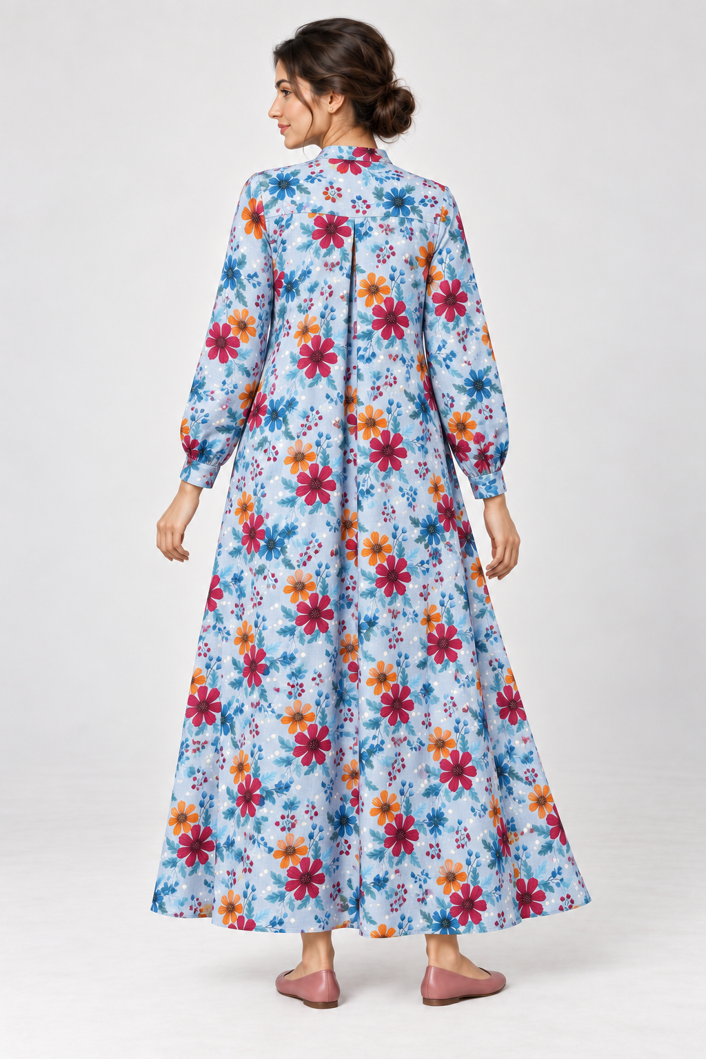Janya blue bright daisy linen maternity dress, back view