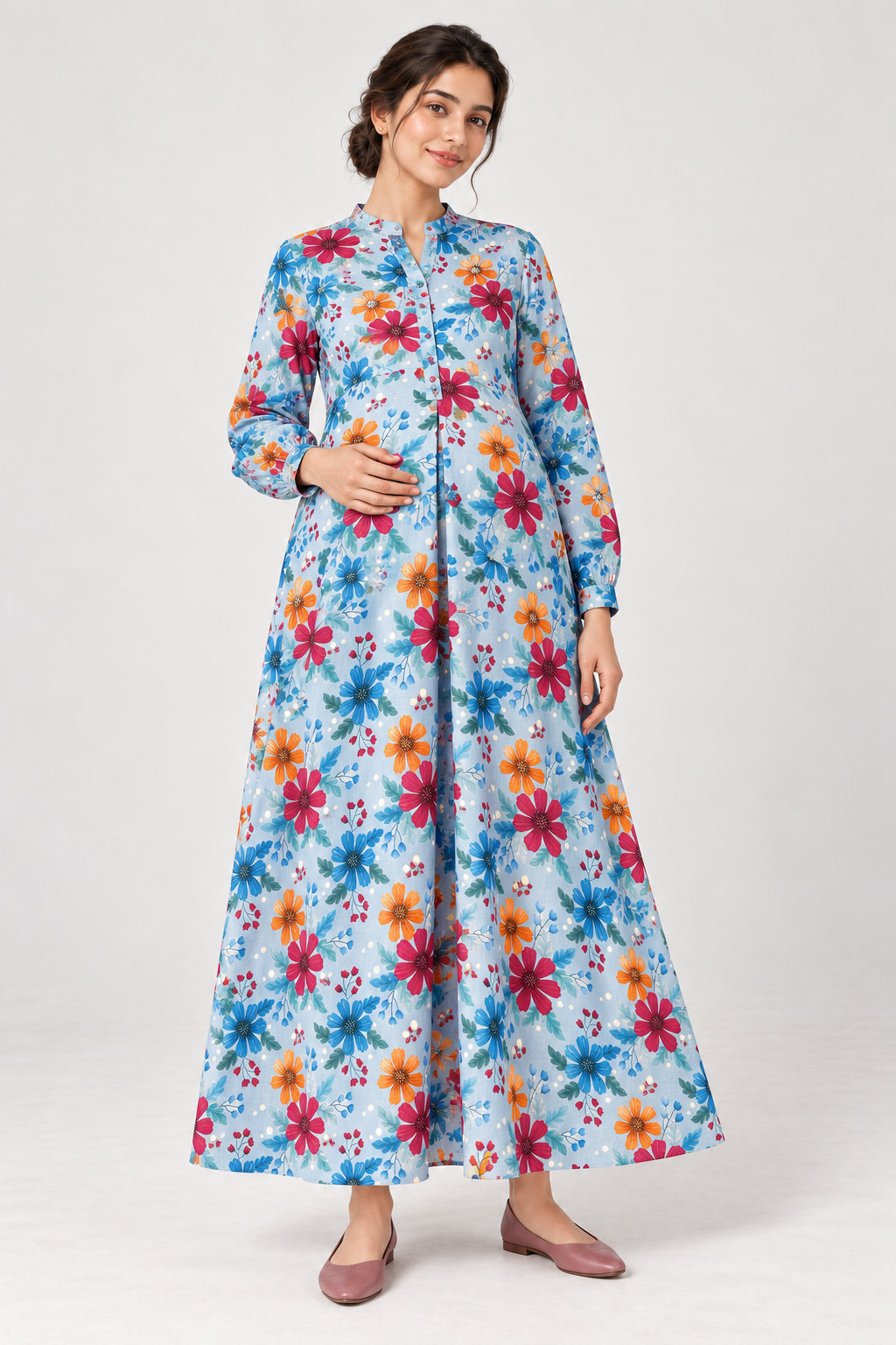 Janya blue bright daisy linen maternity dress, front view