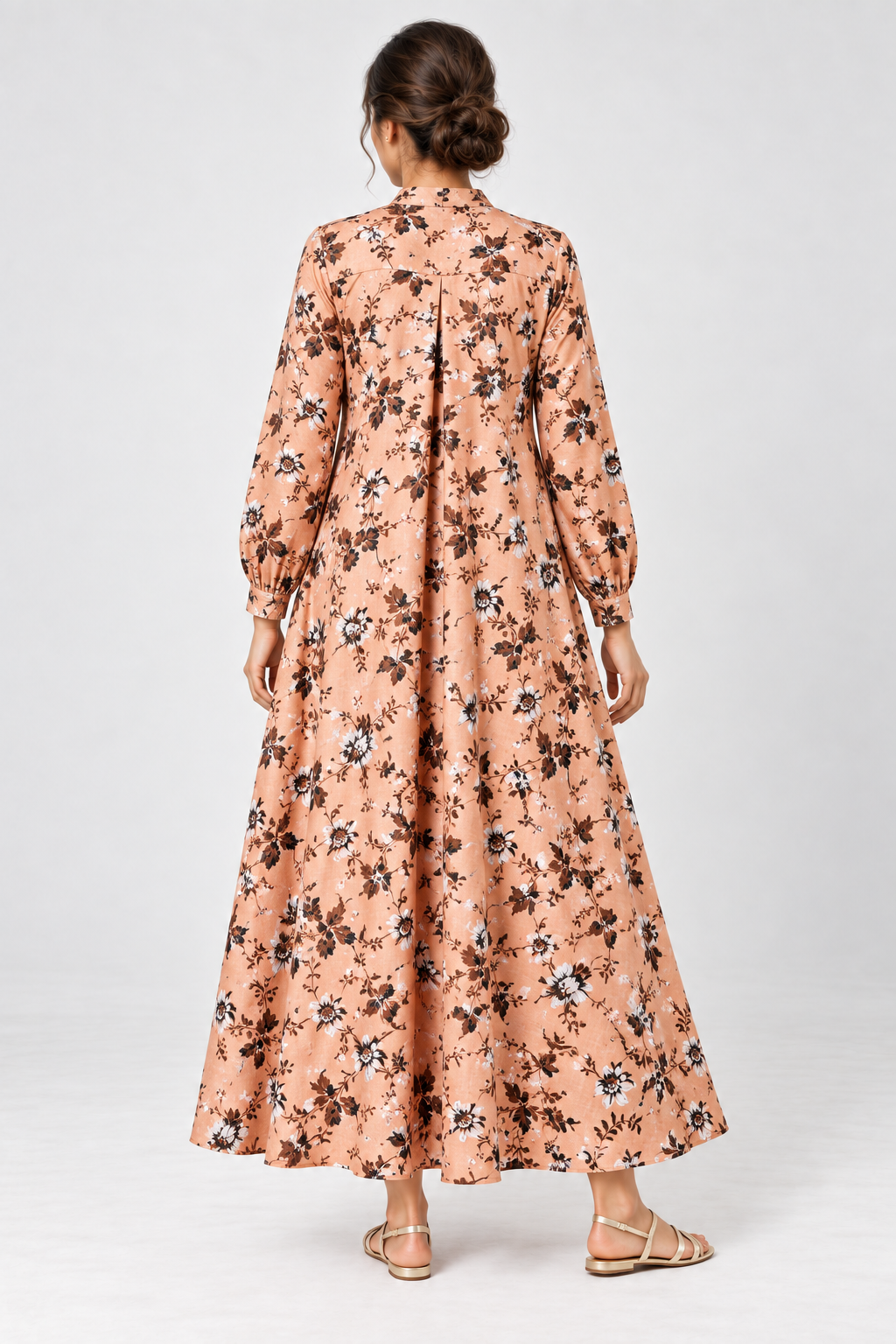 Janya peach fine floral linen maternity dress, back view