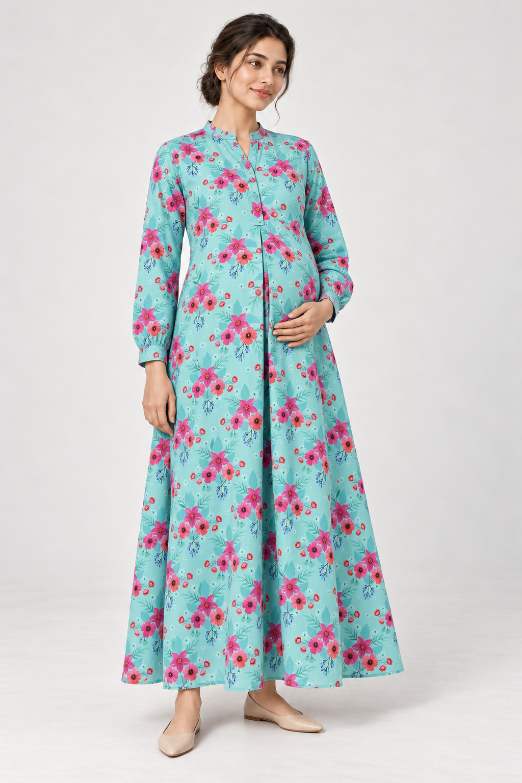 Janya aqua pink garden linen maternity dress, front view