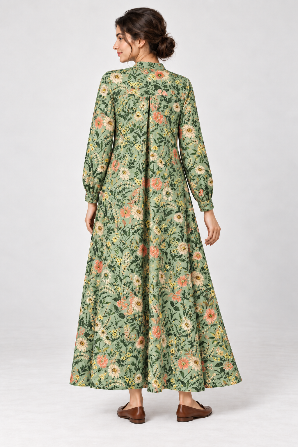 Janya sage meadow floral linen maternity dress, back view