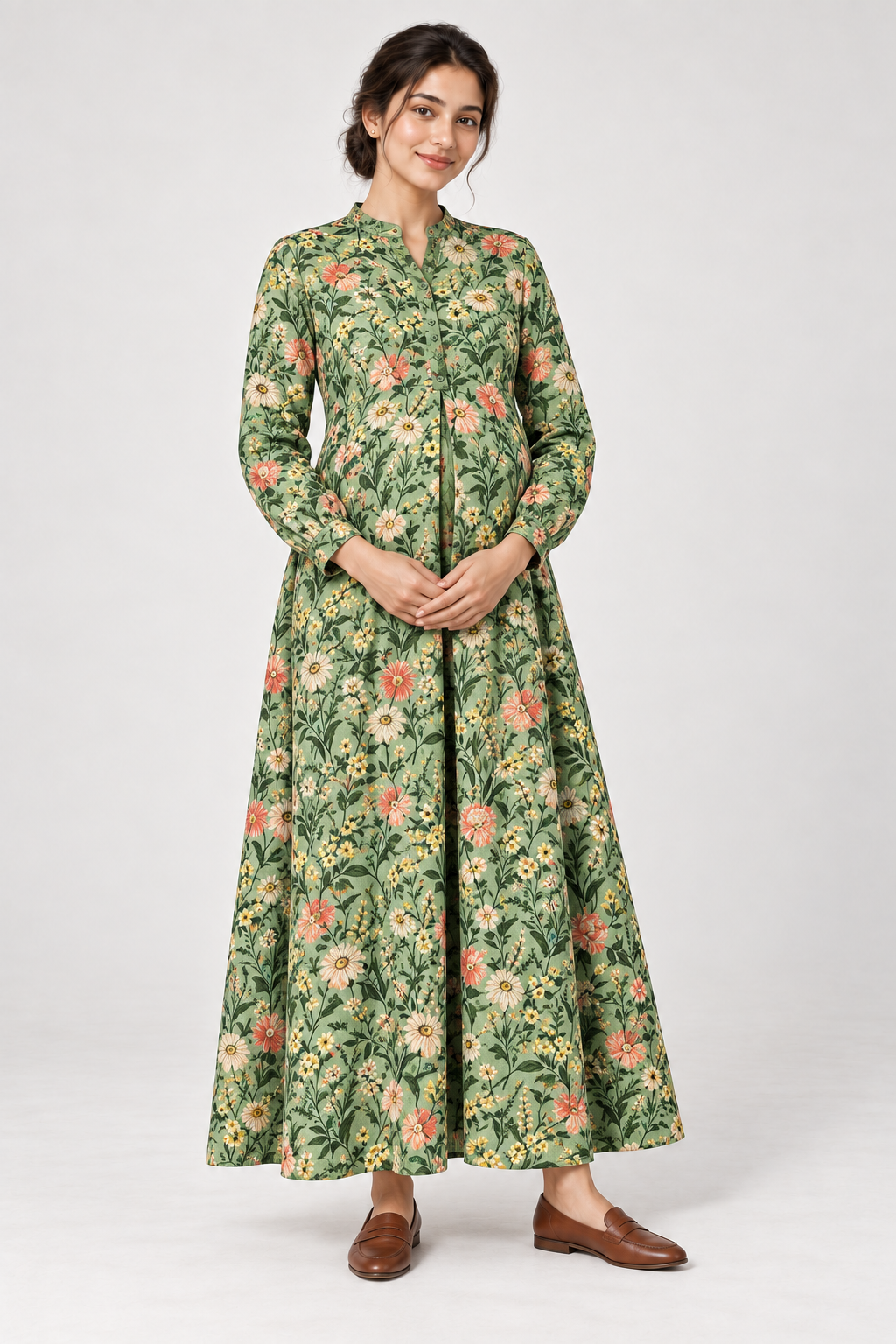 Janya sage meadow floral linen maternity dress, front view