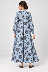 Janya blue charcoal botanical linen maternity dress, back view