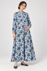 Janya blue charcoal botanical linen maternity dress, front view