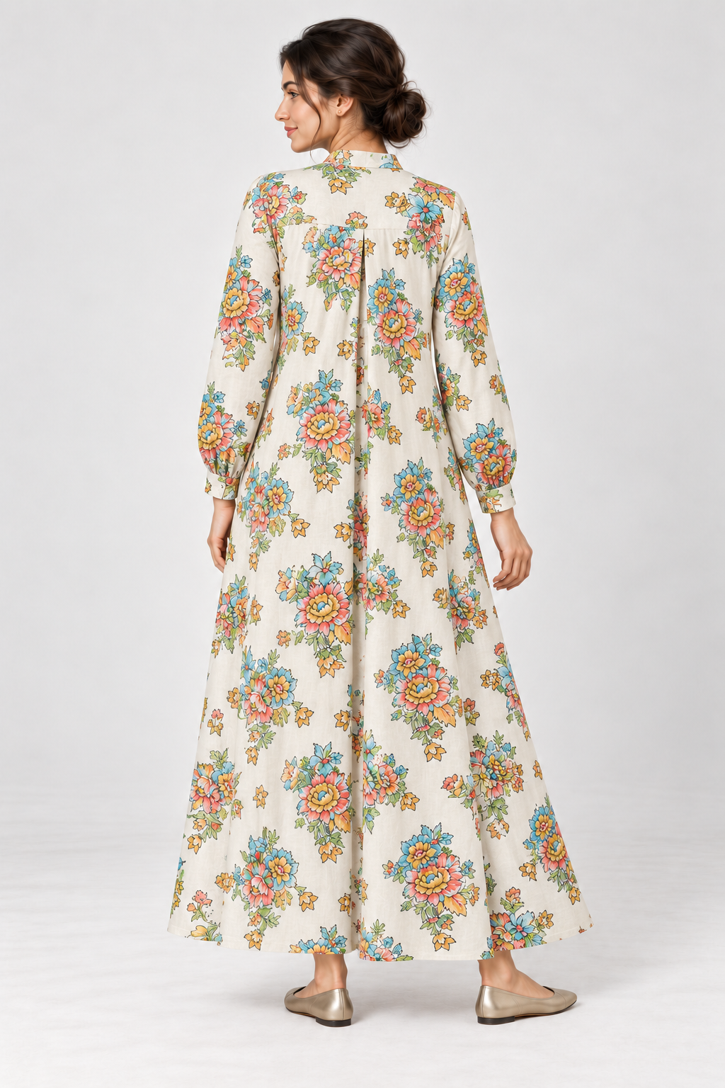 Janya ivory colourful bouquet linen maternity dress, back view