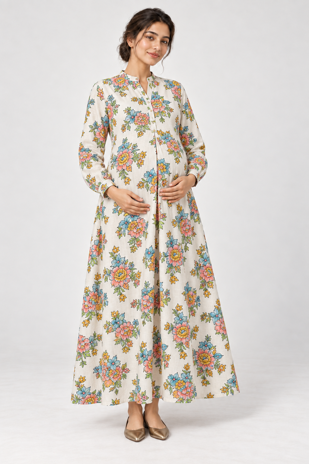 Janya ivory colourful bouquet linen maternity dress, front view
