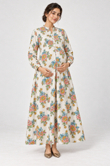Janya ivory colourful bouquet linen maternity dress, front view