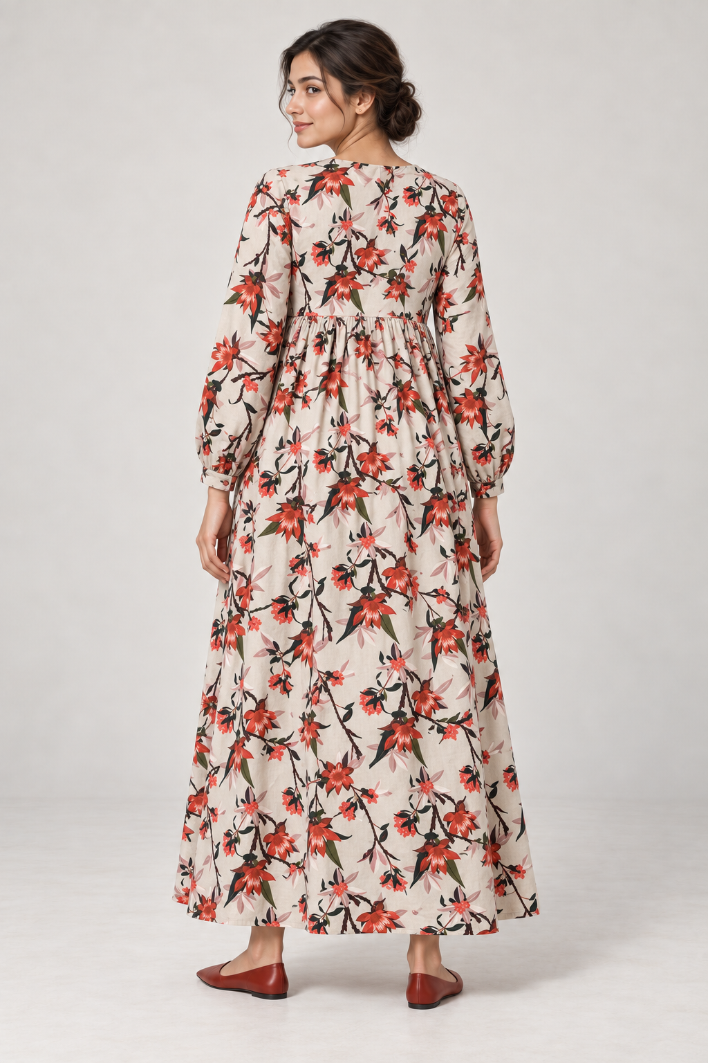 Janya ivory rust floral linen maternity dress, back view