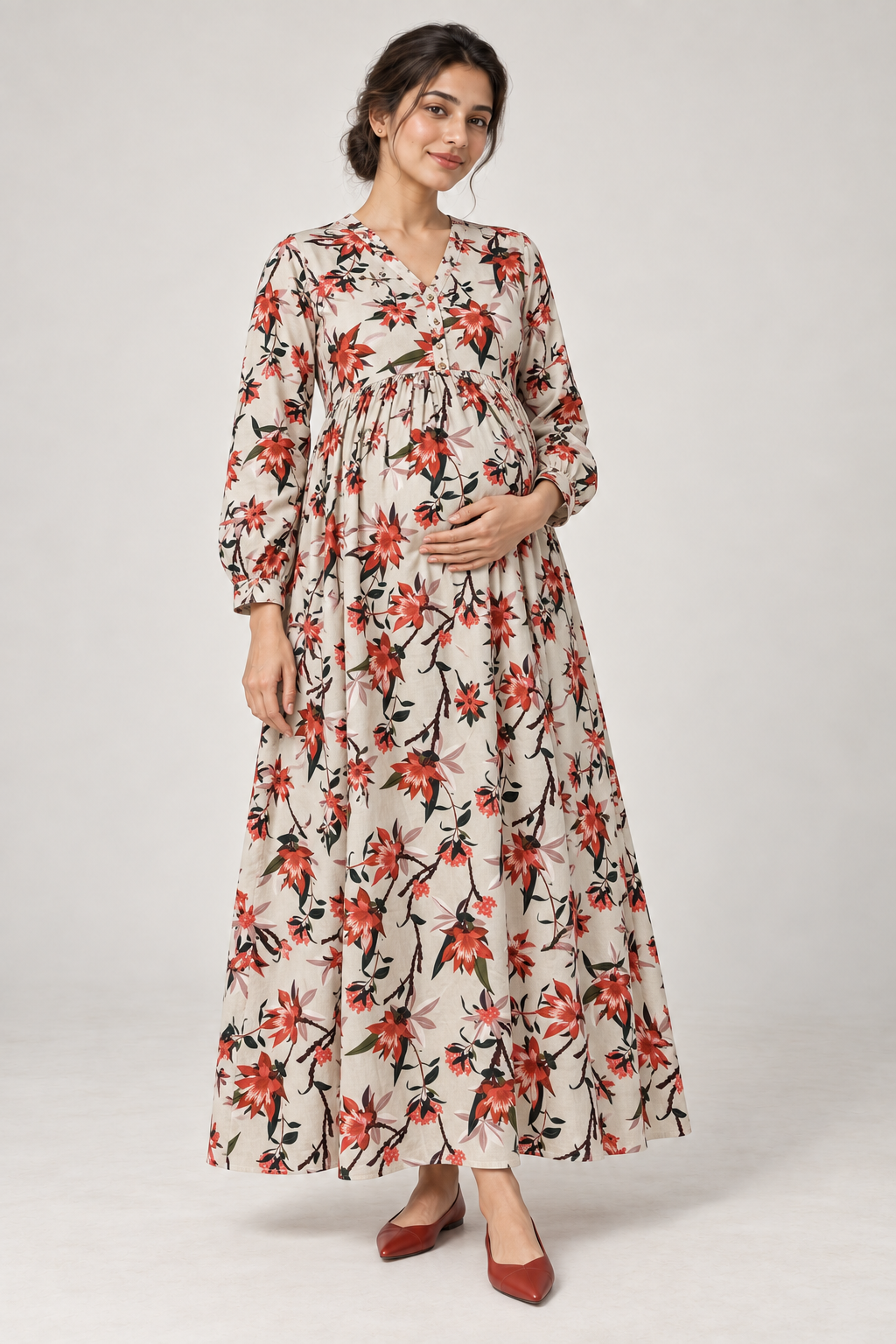 Janya ivory rust floral linen maternity dress, front view