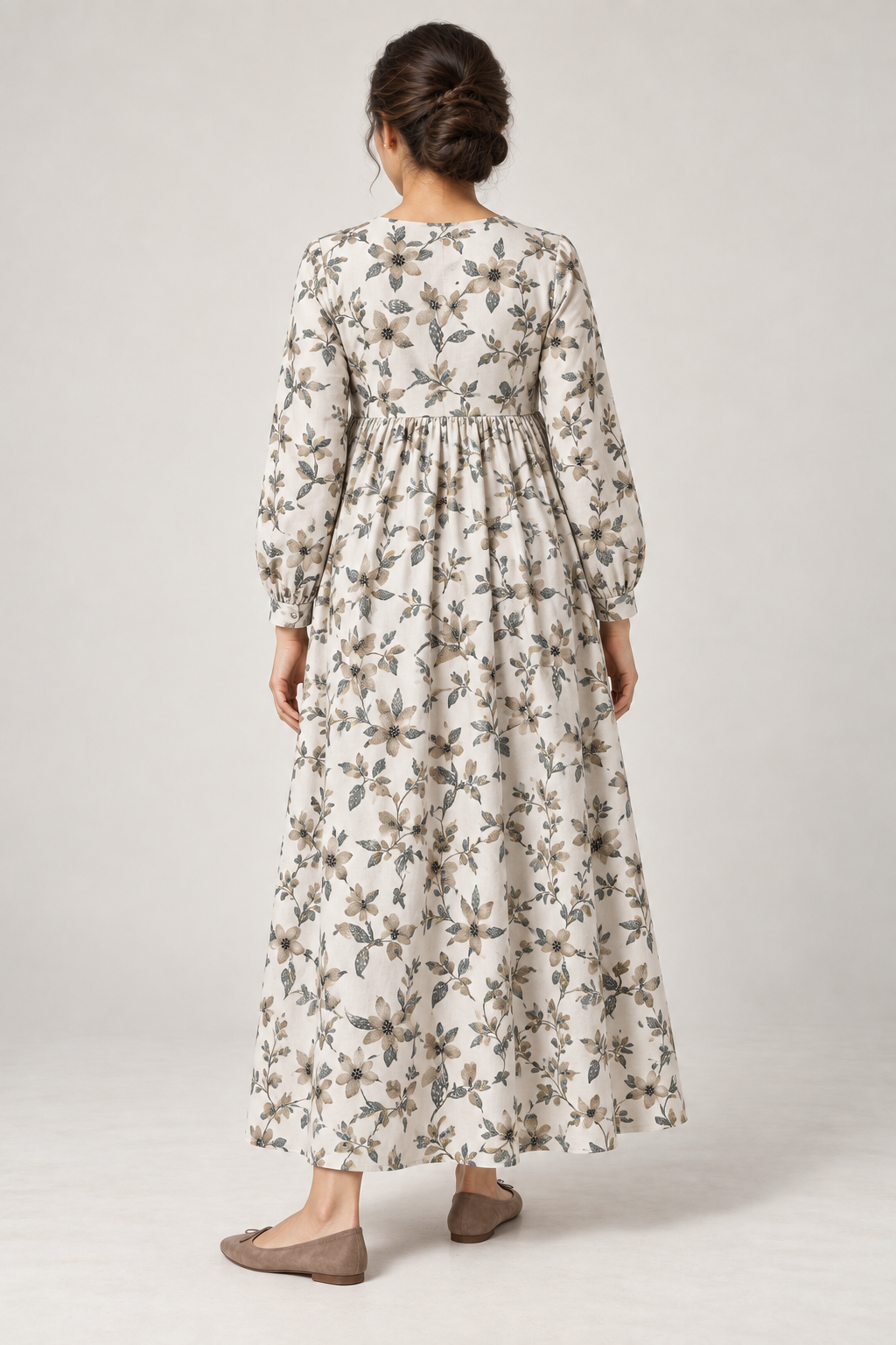 Janya ivory taupe floral linen maternity dress, back view