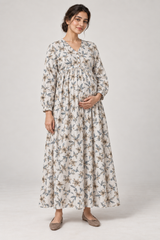 Janya ivory taupe floral linen maternity dress, front view