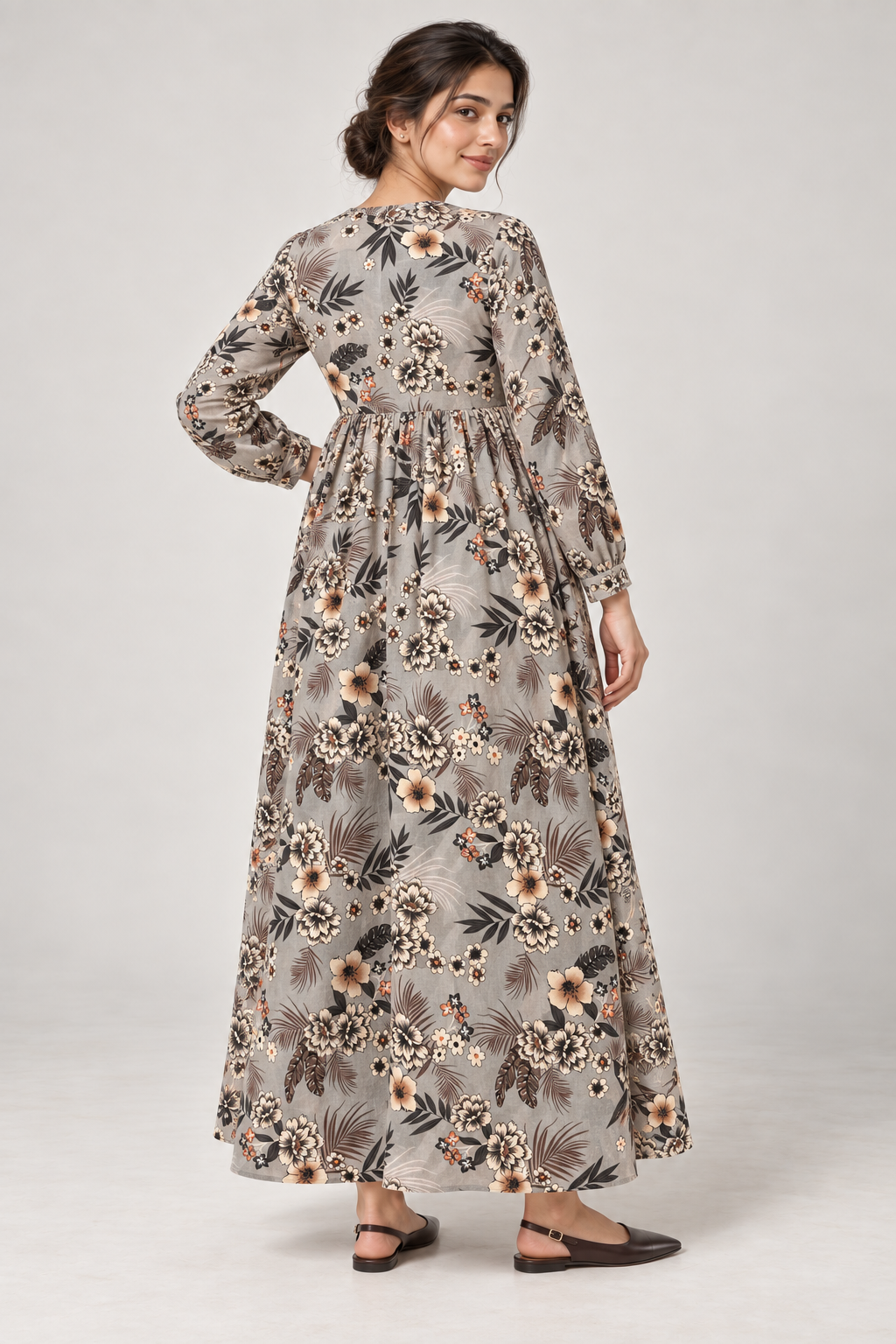 Janya grey botanical linen maternity dress, back view