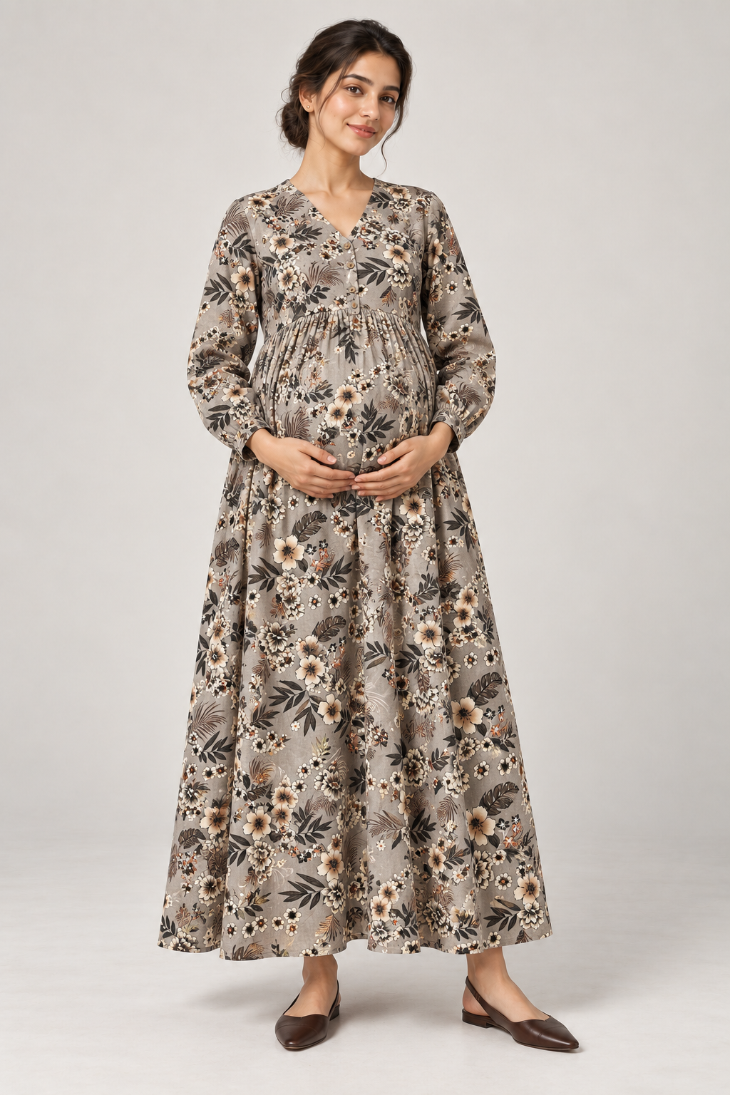 Janya grey botanical linen maternity dress, front view