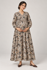 Janya grey botanical linen maternity dress, front view