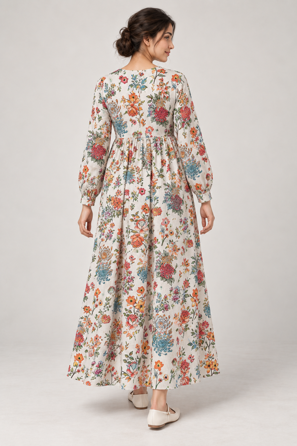 Janya ivory multicolour botanical linen maternity dress, back view