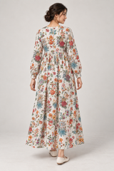 Janya ivory multicolour botanical linen maternity dress, back view