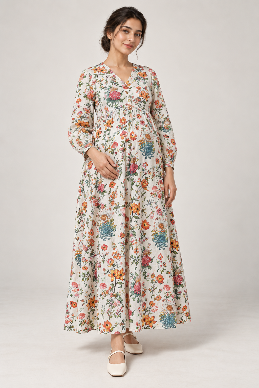Janya ivory multicolour botanical linen maternity dress, front view