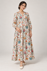 Janya ivory multicolour botanical linen maternity dress, front view