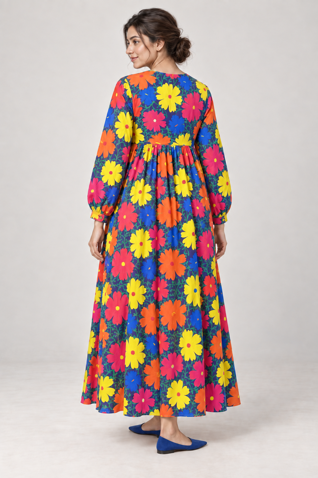 Janya bright multicolour floral linen maternity dress, back view