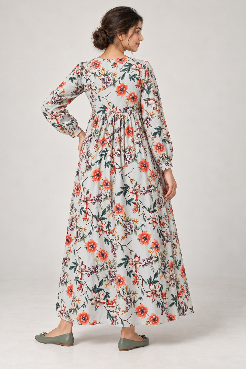 Janya pale blue coral floral linen maternity dress, back view