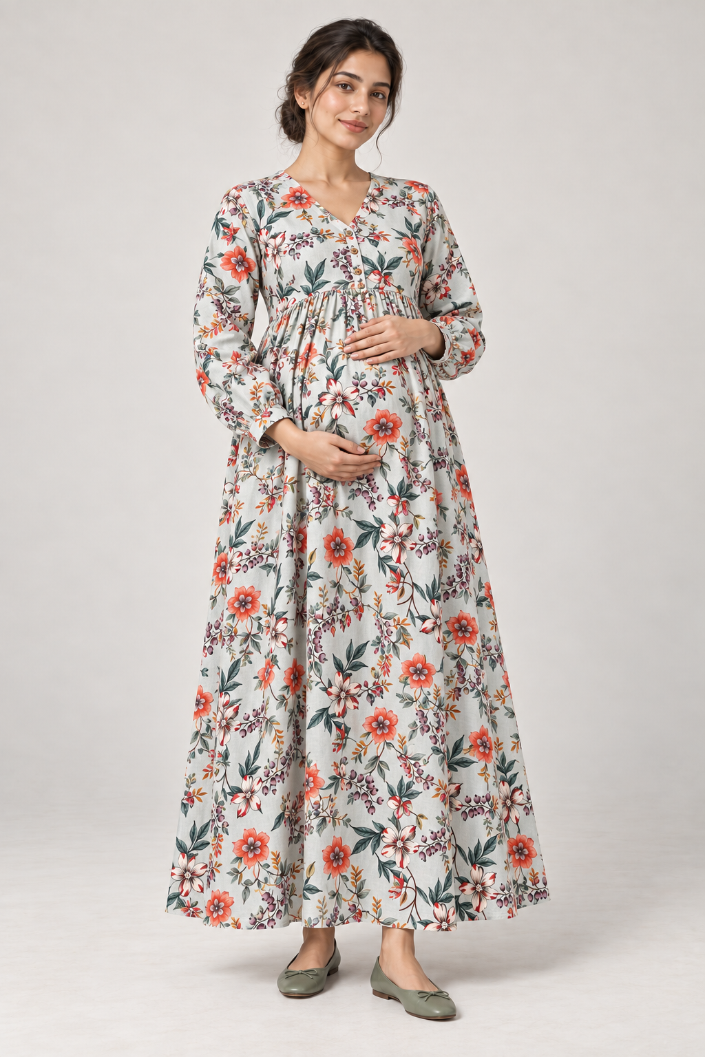 Janya pale blue coral floral linen maternity dress, front view
