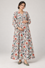 Janya pale blue coral floral linen maternity dress, front view