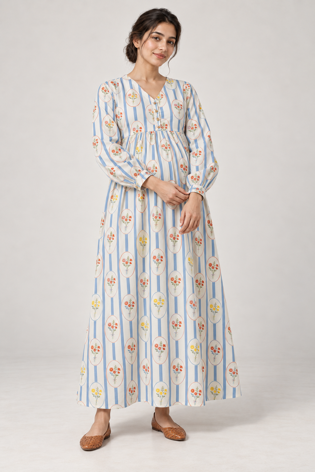 Janya blue stripe bouquet linen maternity dress, front view