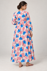 Janya pink blue abstract floral linen maternity dress, back view