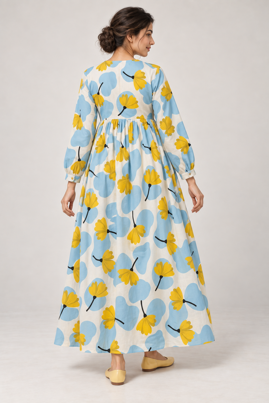 Janya blue yellow abstract floral linen maternity dress, back view